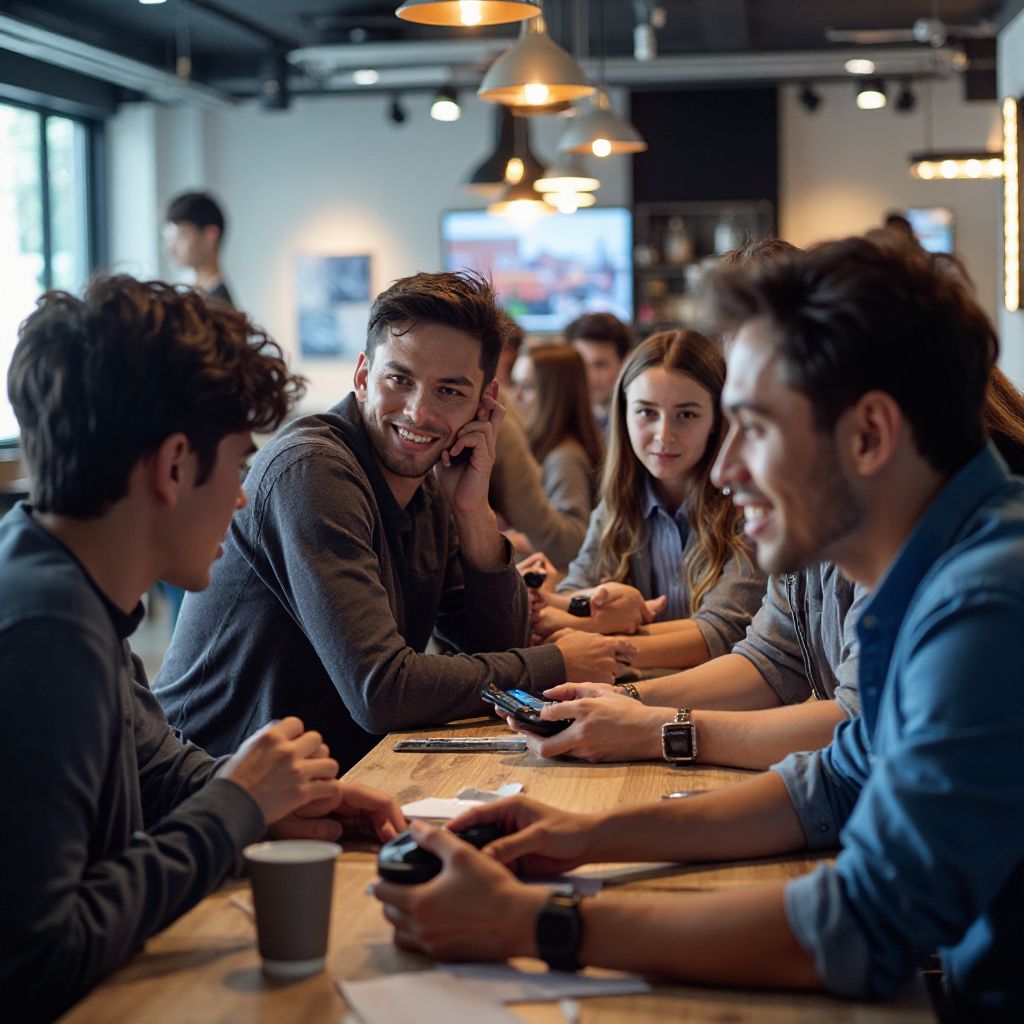 Group of diverse gamers collaborating at Pixel Haven