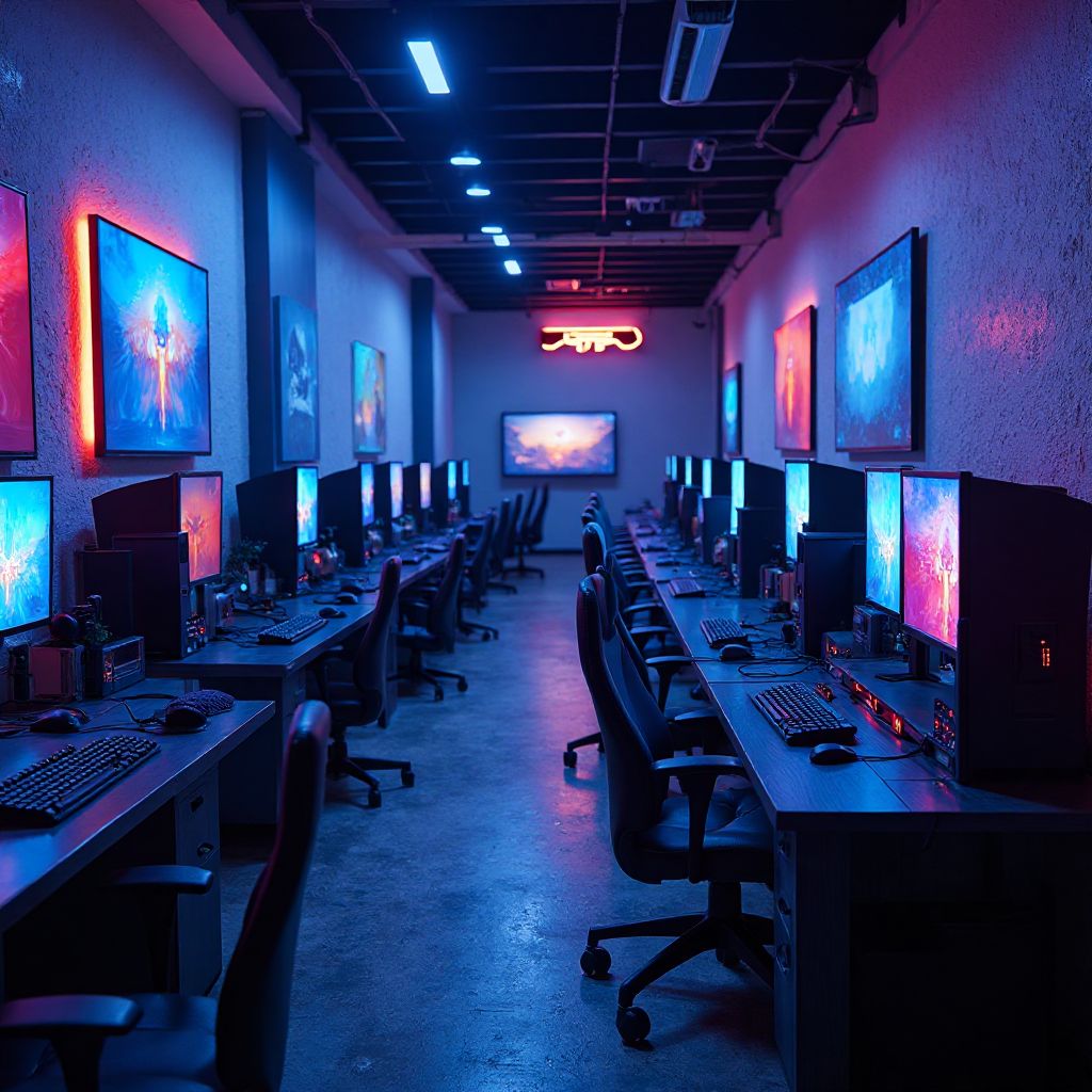 Main gaming area with high-end PC setups