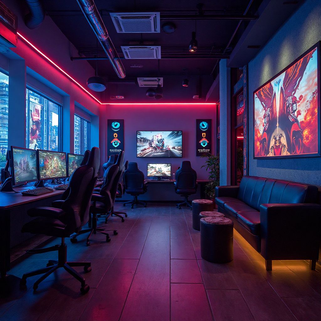 Gaming café interior with modern computers